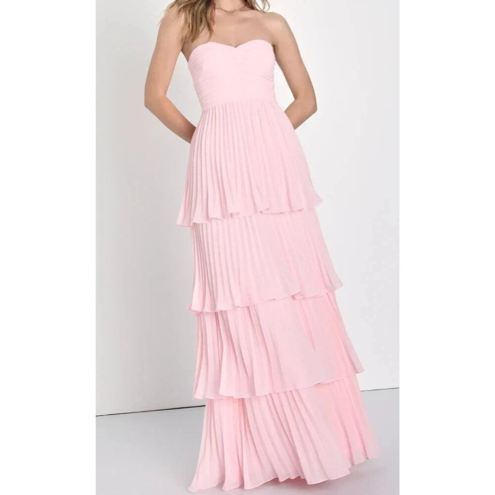 Lulus Women’s S Pink Strapless Pleated A-Line Maxi Evening Dress Party NEW
